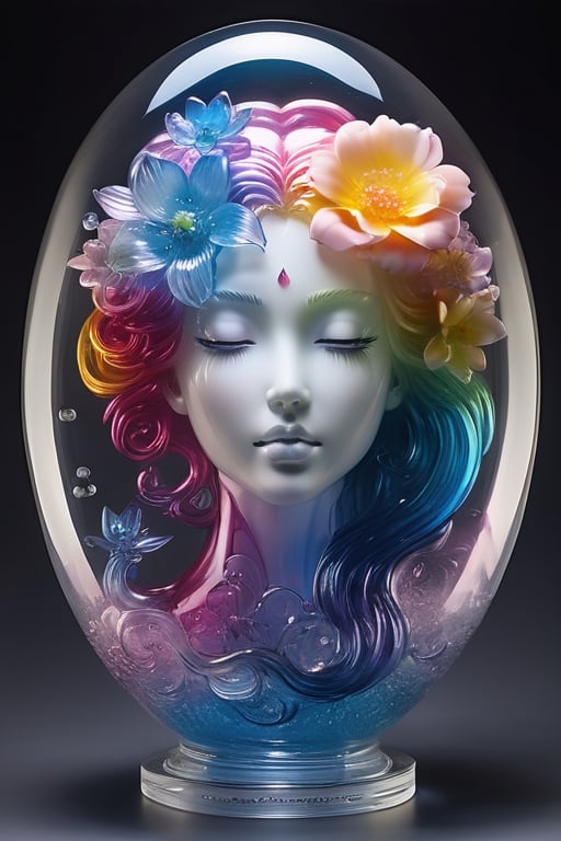 ((masterpiece), (best quality), (highly detailed)), A stunning and ethereal dreamscape showcasing a fully transparent and translucent blown glass sculpture of the head of a woman. This award-winning concept design combines the genius of artists Lisa Frank, Karol Bak, and Kirsty Mitchell. The sculpture is crafted with delicate polycarbonate material, allowing the viewer to admire the visible internals and appreciate the intricate details. The composition is perfect, creating a surreal and mysterious atmosphere, with a touch of fantasy.