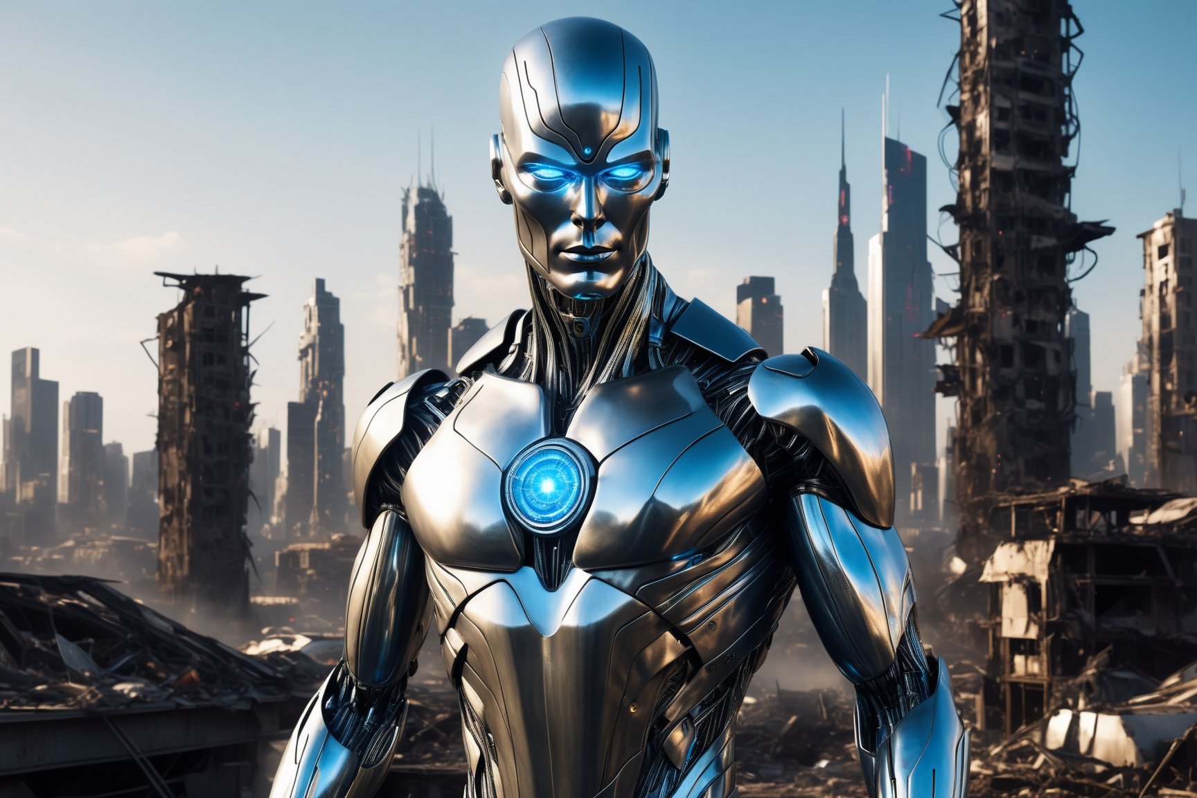 ((Masterpiece), (best quality), (highly detailed)), An evil, futuristic, cybernetic android with glowing blue eyes and a third eye on the forehead. It has a metallic body with neon glow on its limbs and chest. One arm is clenched, while the other arm is stretched out. The android hovers on top of a destroyed city on a silver board with neon glow. This scene is inspired by The Silver Surfer. The artwork will be realistic and ultra-realistic in style, with 12K HD resolution. The cityscape is meticulously rendered, showcasing a post-apocalyptic setting.