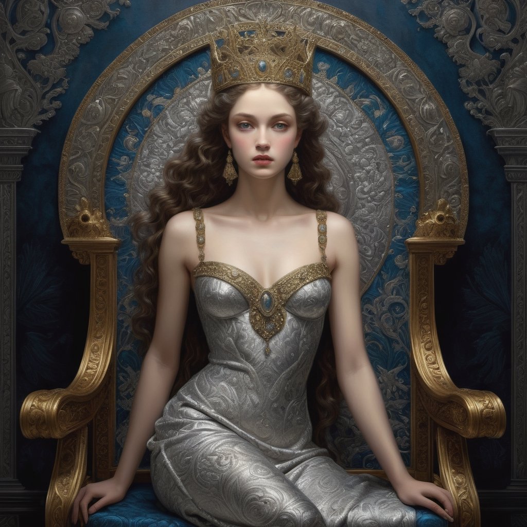 ((masterpiece), (best quality), (highly detailed)), In a chiaroscuro darkened room, a highly detailed digital artwork is created featuring a painting of a beautiful young queen. She is depicted wearing intricate beaded brocade, seated on an elaborate embellished ornate metallic silver throne. The inspiration for this artwork comes from various sources, including Dino Valls, Renaissance art, the sculpture of Hermes, Vittorio Matteo Corcos, album art, and the damask wallpaper background adds to the richness of the scene. The portrait is reminiscent of the beauty and grace of Helen of Troy, and the overall composition draws inspiration from artists such as Jean-Sebastien Rossbach, Louis Royo, Sandro Botticelli, Vargas, and the Pre-Raphaelites.