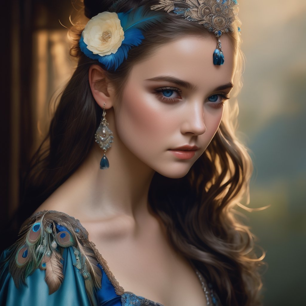 ((Masterpiece), (best quality), (highly detailed)), A beautiful peacock feather dress adorns a young girl standing elegantly in a cowboy shot. She wears elbow gloves while holding a flower in one hand and her other hand rests gracefully on her hip. She looks directly at the viewer with her stunning blue eyes, a hair ornament accenting her single hair bun. Her dress is intricately detailed, revealing bare shoulders and complimented by black gloves. Her long dress flows to the ground while her bangs and grey hair frame her face. The scene is reminiscent of the mucha art style with exquisite attention to detail. ,photo r3al,xxmix_girl