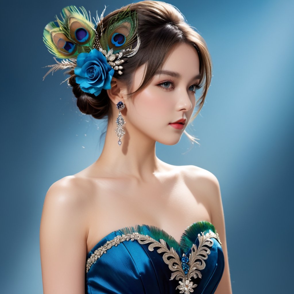 ((Masterpiece), (best quality), (highly detailed)), A beautiful peacock feather dress adorns a young girl standing elegantly in a cowboy shot. She wears elbow gloves while holding a flower in one hand and her other hand rests gracefully on her hip. She looks directly at the viewer with her stunning blue eyes, a hair ornament accenting her single hair bun. Her dress is intricately detailed, revealing bare shoulders and complimented by black gloves. Her long dress flows to the ground while her bangs and grey hair frame her face. The scene is reminiscent of the mucha art style with exquisite attention to detail.,detailmaster2,xxmix_girl