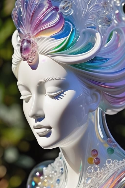 ((masterpiece), (best quality), (highly detailed)), A stunning and ethereal dreamscape showcasing a fully transparent and translucent blown glass sculpture of the head of a woman. This award-winning concept design combines the genius of artists Lisa Frank, Karol Bak, and Kirsty Mitchell. The sculpture is crafted with delicate polycarbonate material, allowing the viewer to admire the visible internals and appreciate the intricate details. The composition is perfect, creating a surreal and mysterious atmosphere, with a touch of fantasy.