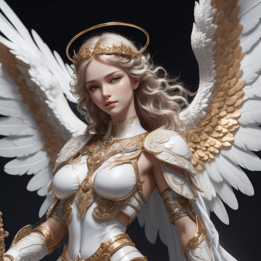 ((Masterpiece), (best quality), (highly detailed)), An angel with powerful wings stands tall in a celestial realm, adorned in radiant white robes. With a broad sword in hand, the angel exudes a sense of strength and divine presence. The intricate details of the angel's golden trim and the delicate feathers of its wings are meticulously rendered, highlighting the beauty and grandeur of this heavenly being,LinkGirl,cyborg style