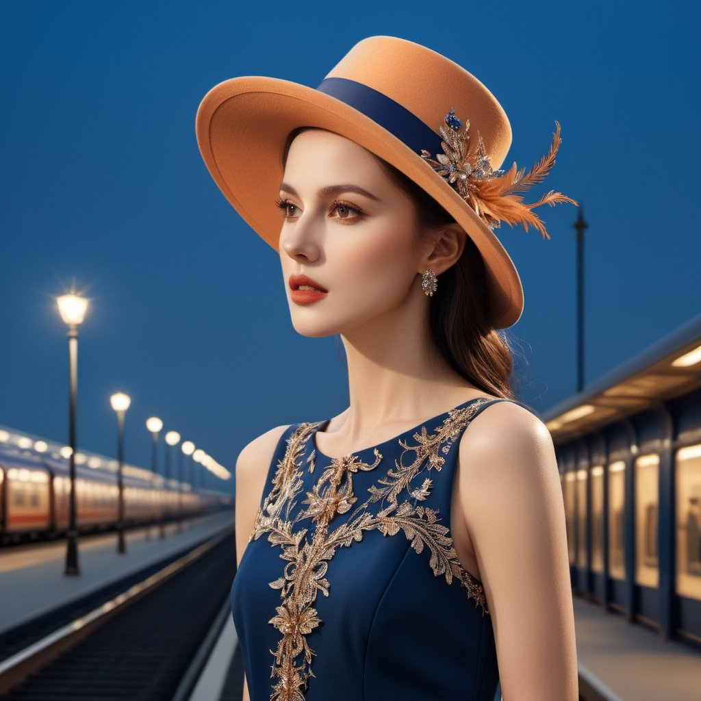 ((masterpiece), (best quality), (highly detailed)), A brunette woman wearing an elegant hat stands gracefully outside a track. The scene is meticulously detailed, with every intricate element captured in the light orange and dark blue color palette. Inspired by the works of Dmitry Vishnevsky and the School of London, the woman's attire features a combination of light brown and black tones, creating a sophisticated and stylish look. The artwork is rendered with multilayered precision, showcasing the finest details even in its 8k resolution. 