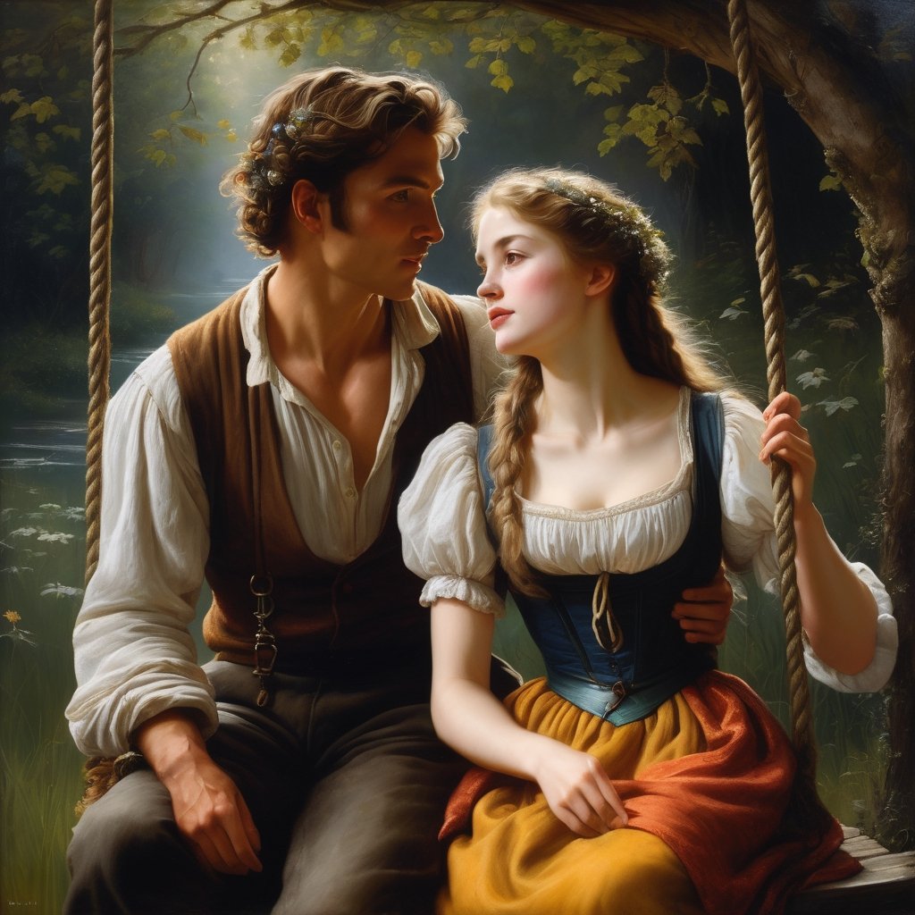 ((Masterpiece), (best quality), (highly detailed)), A hyperrealistic oil painting depicting a charming scene of a man and a woman on a swing. The painting captures the subtle movements and expressions of the subjects, showcasing the talents of the artist. It resembles the style of Pierre Auguste Cot's famous work "Peasant Boy and Girl First Kiss," with intricate attention to detail and a touch of fantasy. The artwork has gained popularity on CG Society and has been admired for its stunning realism. The painting is illuminated with an uplight, enhancing the intricate brushwork and highlighting the captivating colors. 