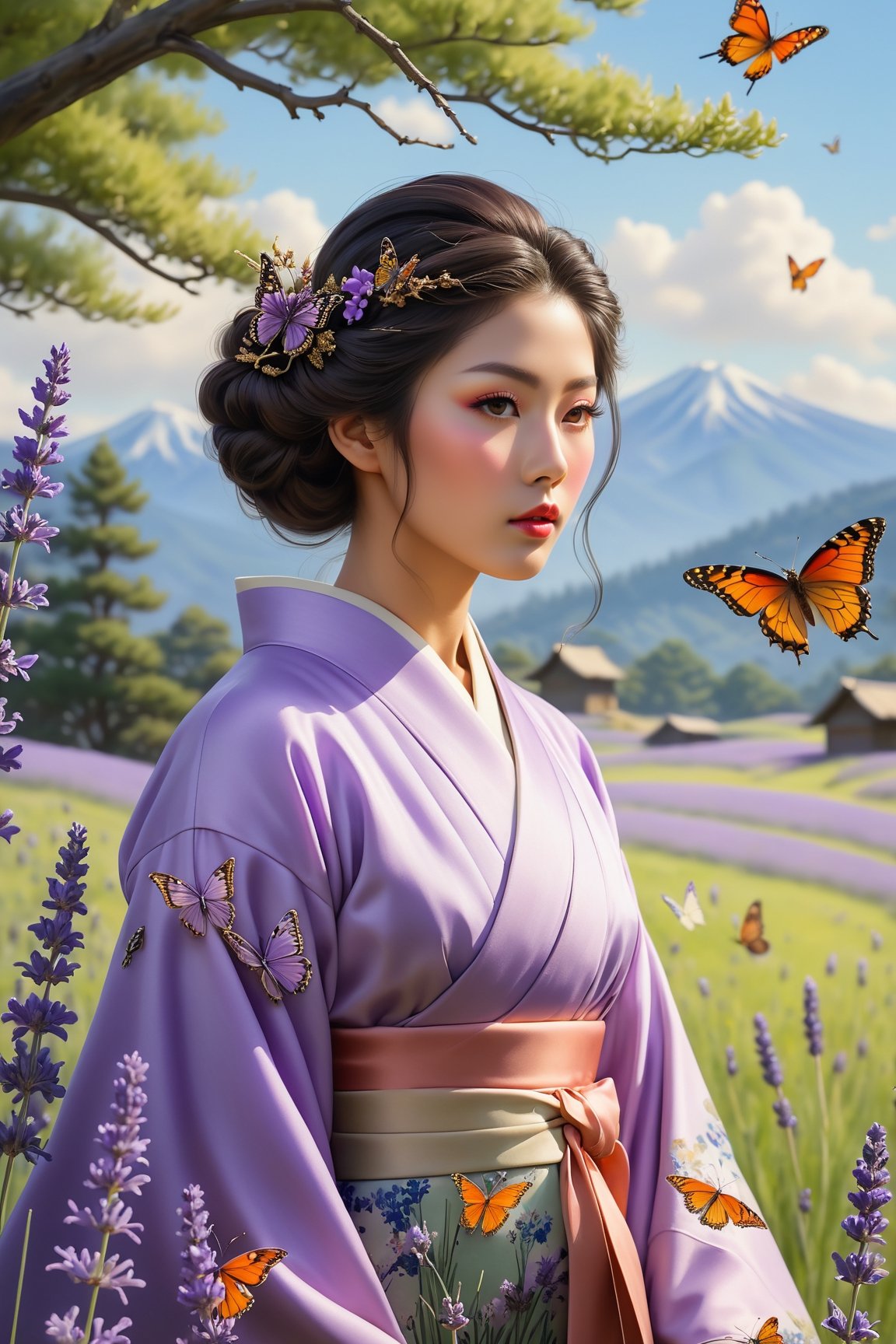 ((Masterpiece), (best quality), (highly detailed)), An japanese American woman, dressed in nature-themed clothing, is standing in the midst of a lavender pasture, surrounded by fluttering butterflies. With her poised and strong stance, she looks into a mirror that reflects a scene opposite to everything in the foreground. The entire composition is highly detailed, capturing the beauty of the woman and the pastoral landscape with great care.