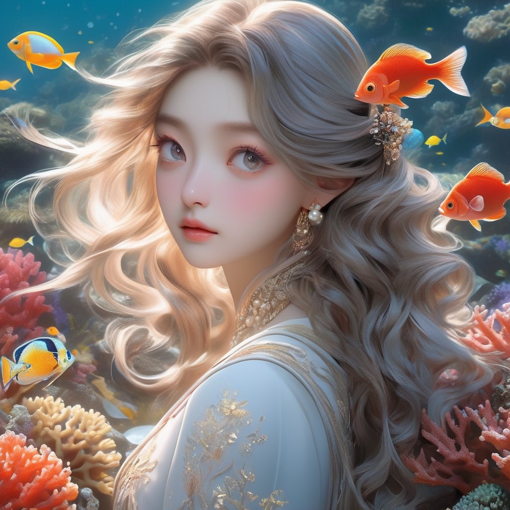 ((masterpiece), (best quality), (highly detailed)), A solo illustration of Miyo, a beautiful and delicate character, with gleaming hair, skin, and clothes. The focus is on her character, captured in a dynamic angle and stylish pose, with strong light coming in and sharp focus. The illustration is rendered in realistic and ultra-detailed 16k resolution, utilizing CGI technology to create a stunning and HD result. Miyo has beautiful and detailed eyes, enhancing her overall appearance. In this artwork, Miyo is depicted in a natural paradise called "The Undersea Garden," where colorful corals and plants create a mesmerizing world. The fish and other animals live in harmonious coexistence. Miyo has wavy hair and is wearing a seashell top, complemented by a pearl necklace. This artwork is an exquisite blend of realism, beauty, and fantasy.