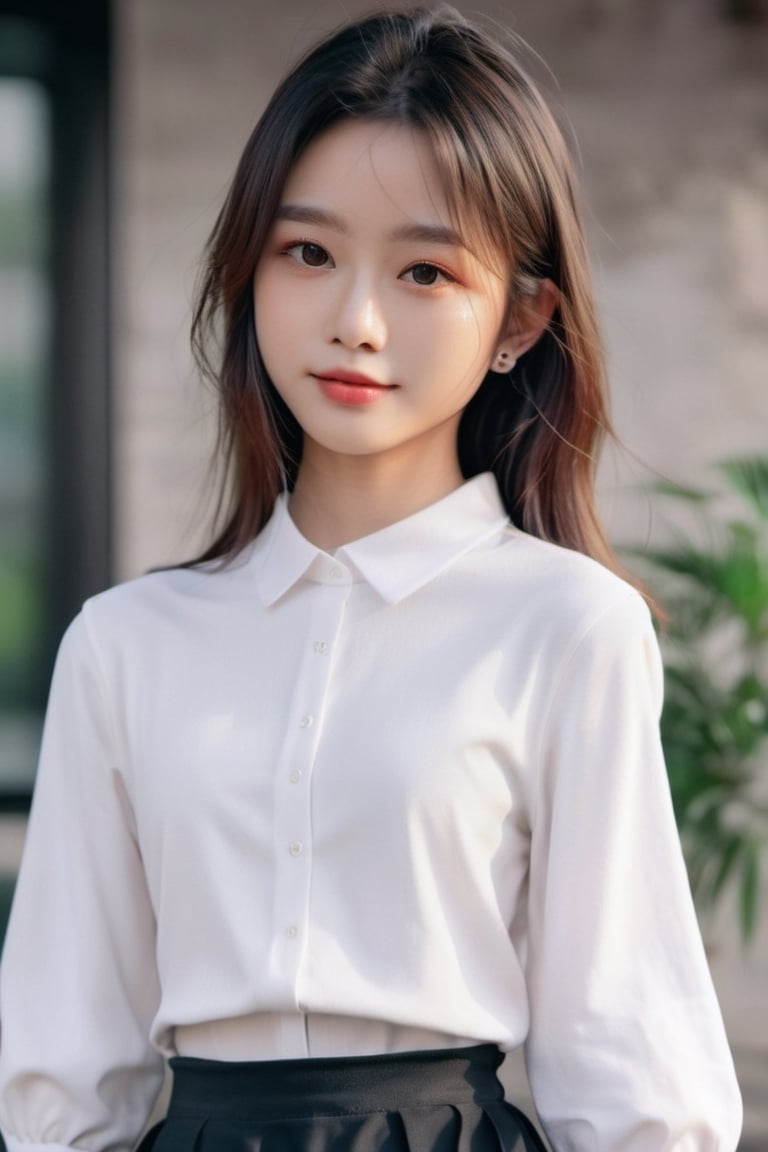 ((Masterpiece), (best quality), (highly detailed)), A realistic and highly detailed photo of a 16-year-old Asian girl with a baby face, small breasts, and big eyes. She has messy hair and is wearing a white collared shirt and a black skirt. She is looking at the viewer with a smile and a blush on her face. The photo has a dramatic lighting effect with ray tracing, giving it a cinematic feel. The background features the scenery of old Taipei city, with no humans in sight. There are various elements in the scene, including ground and motor vehicles, rain, buildings, power lines, windows, signs, water, plants, and utility poles. The photo captures the beauty of the real world location with utmost detail and precision. The resolution of the photo is FHD, 4K, and 8K, ensuring the best quality and ultra-detailed representation. ,dashataran