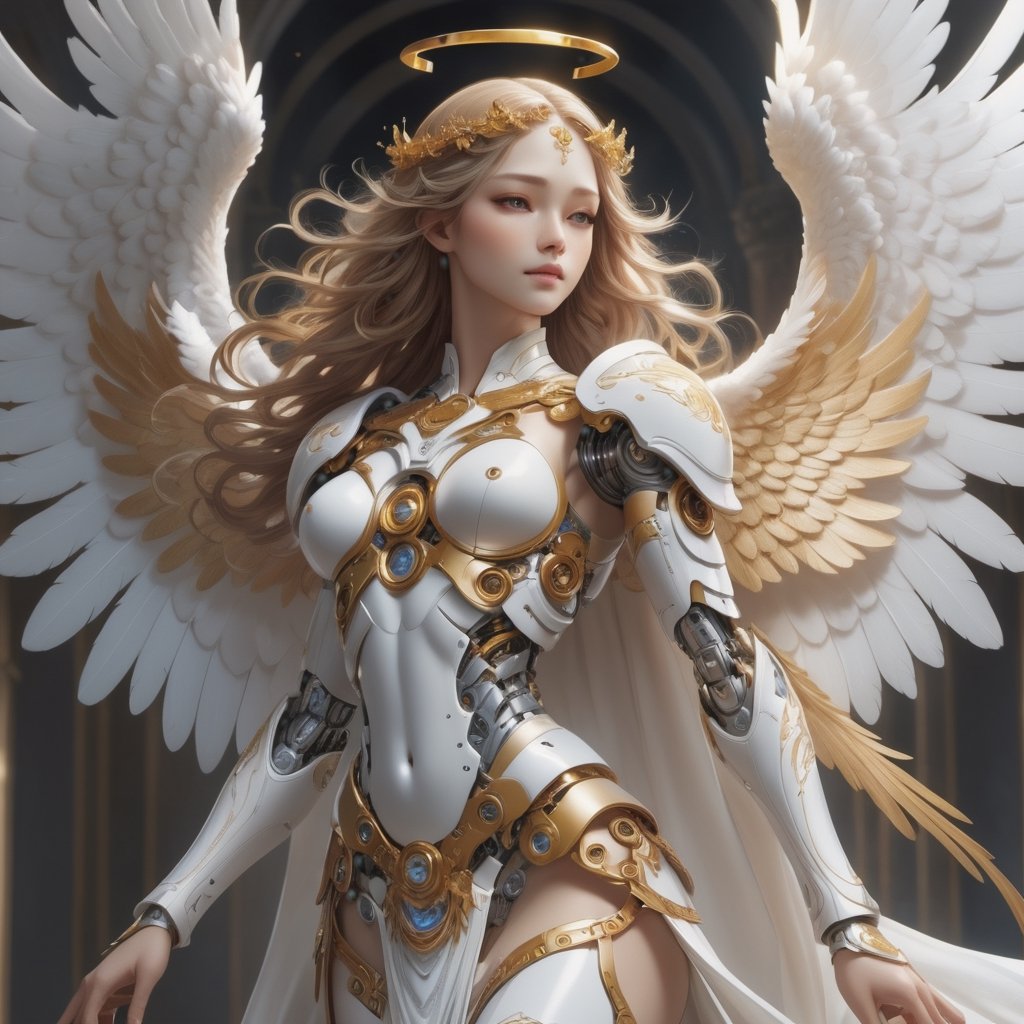 ((Masterpiece), (best quality), (highly detailed)), An angel with powerful wings stands tall in a celestial realm, adorned in radiant white robes. With a broad sword in hand, the angel exudes a sense of strength and divine presence. The intricate details of the angel's golden trim and the delicate feathers of its wings are meticulously rendered, highlighting the beauty and grandeur of this heavenly being,LinkGirl,cyborg style,cyborg