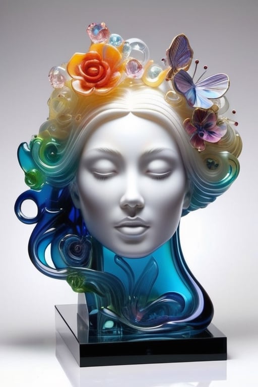 ((masterpiece), (best quality), (highly detailed)), A stunning and ethereal dreamscape showcasing a fully transparent and translucent blown glass sculpture of the head of a woman. This award-winning concept design combines the genius of artists Lisa Frank, Karol Bak, and Kirsty Mitchell. The sculpture is crafted with delicate polycarbonate material, allowing the viewer to admire the visible internals and appreciate the intricate details. The composition is perfect, creating a surreal and mysterious atmosphere, with a touch of fantasy.