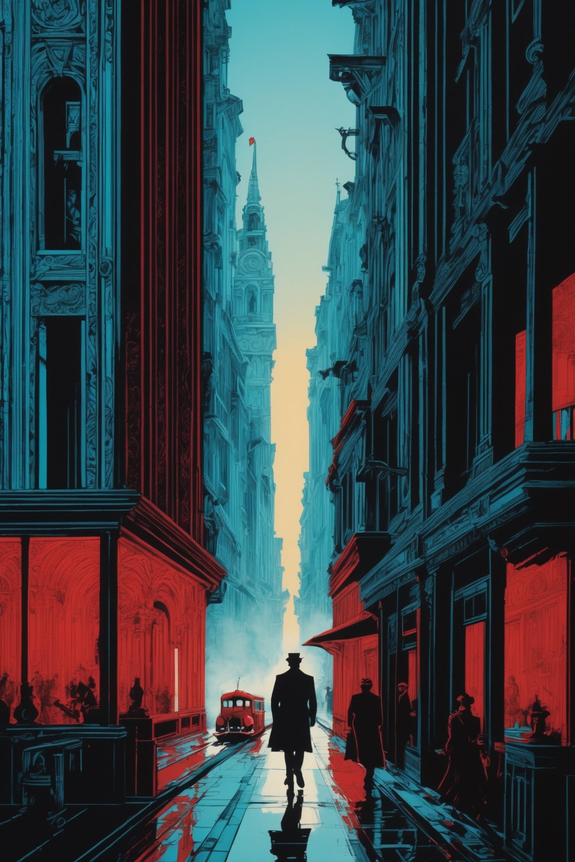 ((masterpiece), (best quality), (highly detailed)), A person with a confident stride walks past a towering building. The scene is rendered in the style of silkscreen, with dark black and red tones creating a striking visual contrast. The person and the building are portrayed with photographically detailed portraitures, capturing every intricate detail. The atmosphere of the scene is enhanced by the use of lithograph technique, with light cyan and black hues adding depth and dimension. The overall aesthetic is reminiscent of manapunk, evoking a sense of futuristic and fantastical elements. This scene would be ideal for a poster, showcasing the elaborate artwork and unique style. 