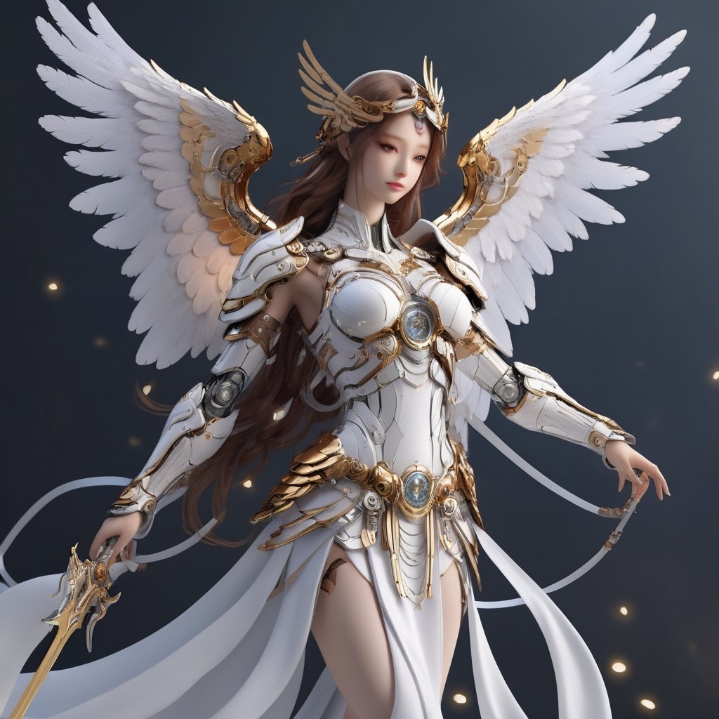 ((Masterpiece), (best quality), (highly detailed)), An angel with powerful wings stands tall in a celestial realm, adorned in radiant white robes. With a broad sword in hand, the angel exudes a sense of strength and divine presence. The intricate details of the angel's golden trim and the delicate feathers of its wings are meticulously rendered, highlighting the beauty and grandeur of this heavenly being,LinkGirl,cyborg style,cyborg,android