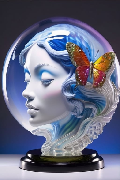 ((masterpiece), (best quality), (highly detailed)), A stunning and ethereal dreamscape showcasing a fully transparent and translucent blown glass sculpture of the head of a woman. This award-winning concept design combines the genius of artists Lisa Frank, Karol Bak, and Kirsty Mitchell. The sculpture is crafted with delicate polycarbonate material, allowing the viewer to admire the visible internals and appreciate the intricate details. The composition is perfect, creating a surreal and mysterious atmosphere, with a touch of fantasy.