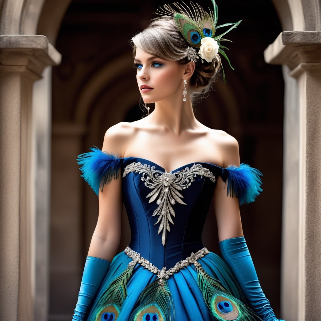 ((Masterpiece), (best quality), (highly detailed)), A beautiful peacock feather dress adorns a young girl standing elegantly in a cowboy shot. She wears elbow gloves while holding a flower in one hand and her other hand rests gracefully on her hip. She looks directly at the viewer with her stunning blue eyes, a hair ornament accenting her single hair bun. Her dress is intricately detailed, revealing bare shoulders and complimented by black gloves. Her long dress flows to the ground while her bangs and grey hair frame her face. The scene is reminiscent of the mucha art style with exquisite attention to detail. 