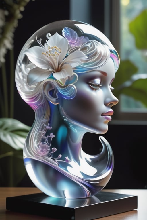 ((masterpiece), (best quality), (highly detailed)), A stunning and ethereal dreamscape showcasing a fully transparent and translucent blown glass sculpture of the head of a woman. This award-winning concept design combines the genius of artists Lisa Frank, Karol Bak, and Kirsty Mitchell. The sculpture is crafted with delicate polycarbonate material, allowing the viewer to admire the visible internals and appreciate the intricate details. The composition is perfect, creating a surreal and mysterious atmosphere, with a touch of fantasy.