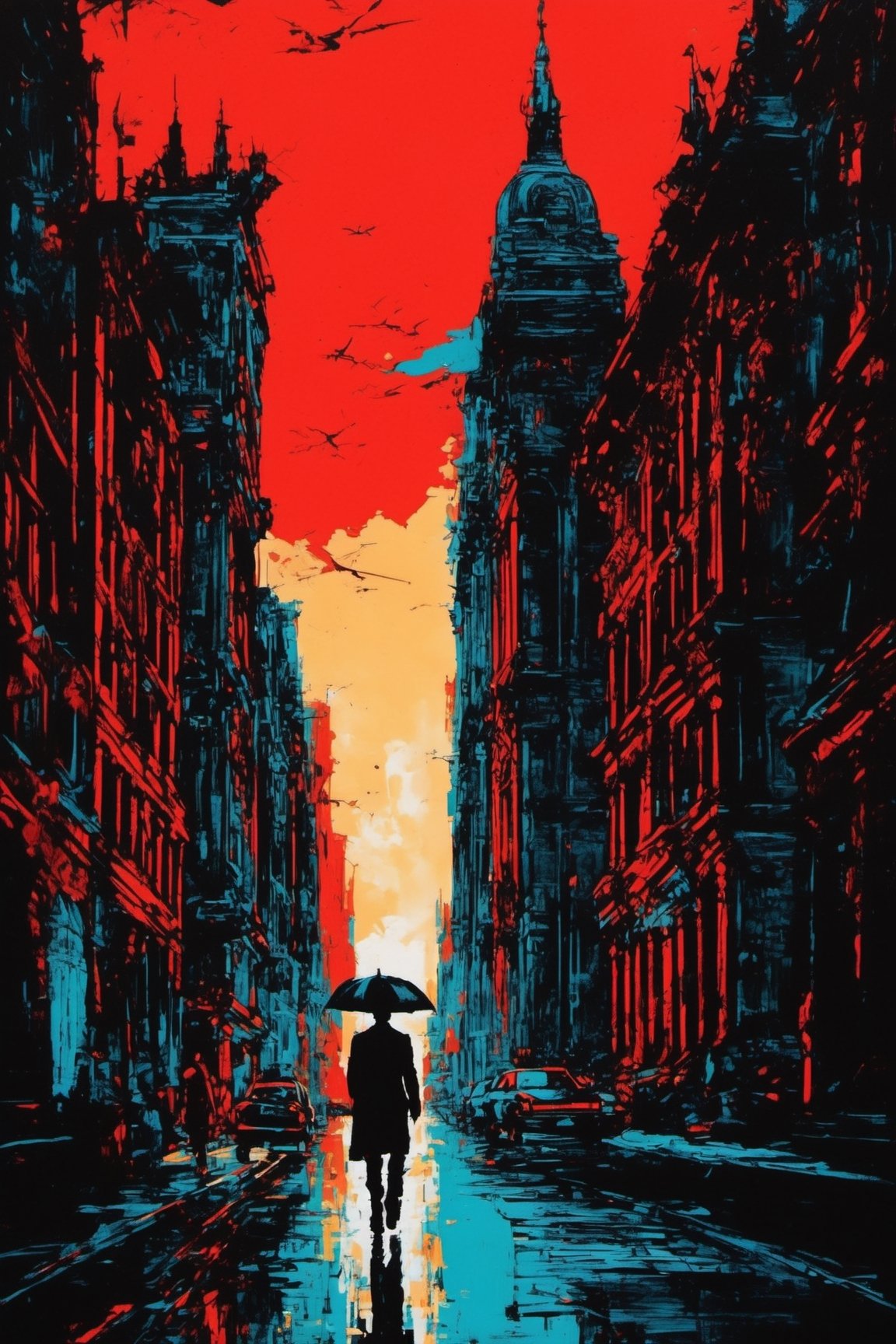 ((masterpiece), (best quality), (highly detailed)), A person with a confident stride walks past a towering building. The scene is rendered in the style of silkscreen, with dark black and red tones creating a striking visual contrast. The person and the building are portrayed with photographically detailed portraitures, capturing every intricate detail. The atmosphere of the scene is enhanced by the use of lithograph technique, with light cyan and black hues adding depth and dimension. The overall aesthetic is reminiscent of manapunk, evoking a sense of futuristic and fantastical elements. This scene would be ideal for a poster, showcasing the elaborate artwork and unique style. 