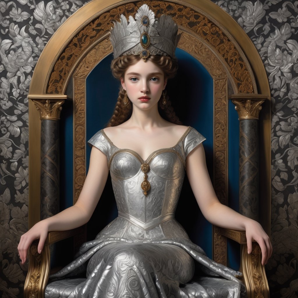 ((masterpiece), (best quality), (highly detailed)), In a chiaroscuro darkened room, a highly detailed digital artwork is created featuring a painting of a beautiful young queen. She is depicted wearing intricate beaded brocade, seated on an elaborate embellished ornate metallic silver throne. The inspiration for this artwork comes from various sources, including Dino Valls, Renaissance art, the sculpture of Hermes, Vittorio Matteo Corcos, album art, and the damask wallpaper background adds to the richness of the scene. The portrait is reminiscent of the beauty and grace of Helen of Troy, and the overall composition draws inspiration from artists such as Jean-Sebastien Rossbach, Louis Royo, Sandro Botticelli, Vargas, and the Pre-Raphaelites.