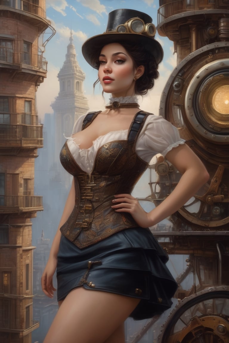 ((Masterpiece), (best quality), (highly detailed)), Create a highly realistic oil painting of a pinup body featuring a single girl in a clockwork steampunk setting. Place her in a steampunk cityscape with a night sky backdrop. Design intricate clothes for her, including a dress with layers, ruffles, lace, and a smile. Emphasize her thicc figure and have her looking directly at the viewer. Utilize 3D rendering techniques such as Octane Render and Unreal Engine to achieve sharp focus and bring out the intricate details. Ensure the final artwork is in HDR, UHD, and 64K resolution. The painting should be trending on Artstation, highly detailed, high resolution, gorgeous, elegant, intricate, alluring, stunning, award-winning, and in sharp focus. Mention inspirations from artists such as Alan Lee (at a ratio of 1), Alex Grey (at a ratio of 0.6), Daniel Gerhartz (at a ratio of 0.9), and Alyssa Monks.