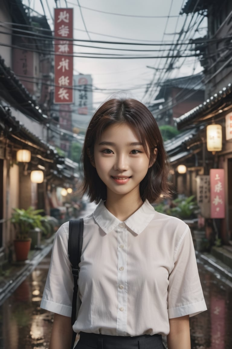 ((Masterpiece), (best quality), (highly detailed)), A realistic and highly detailed photo of a 16-year-old Asian girl with a baby face, small breasts, and big eyes. She has messy hair and is wearing a white collared shirt and a black skirt. She is looking at the viewer with a smile and a blush on her face. The photo has a dramatic lighting effect with ray tracing, giving it a cinematic feel. The background features the scenery of old Taipei city, with no humans in sight. There are various elements in the scene, including ground and motor vehicles, rain, buildings, power lines, windows, signs, water, plants, and utility poles. The photo captures the beauty of the real world location with utmost detail and precision. The resolution of the photo is FHD, 4K, and 8K, ensuring the best quality and ultra-detailed representation. ,dashataran,xxmix_girl,xxmixgirl,LinkGirl,FilmGirl