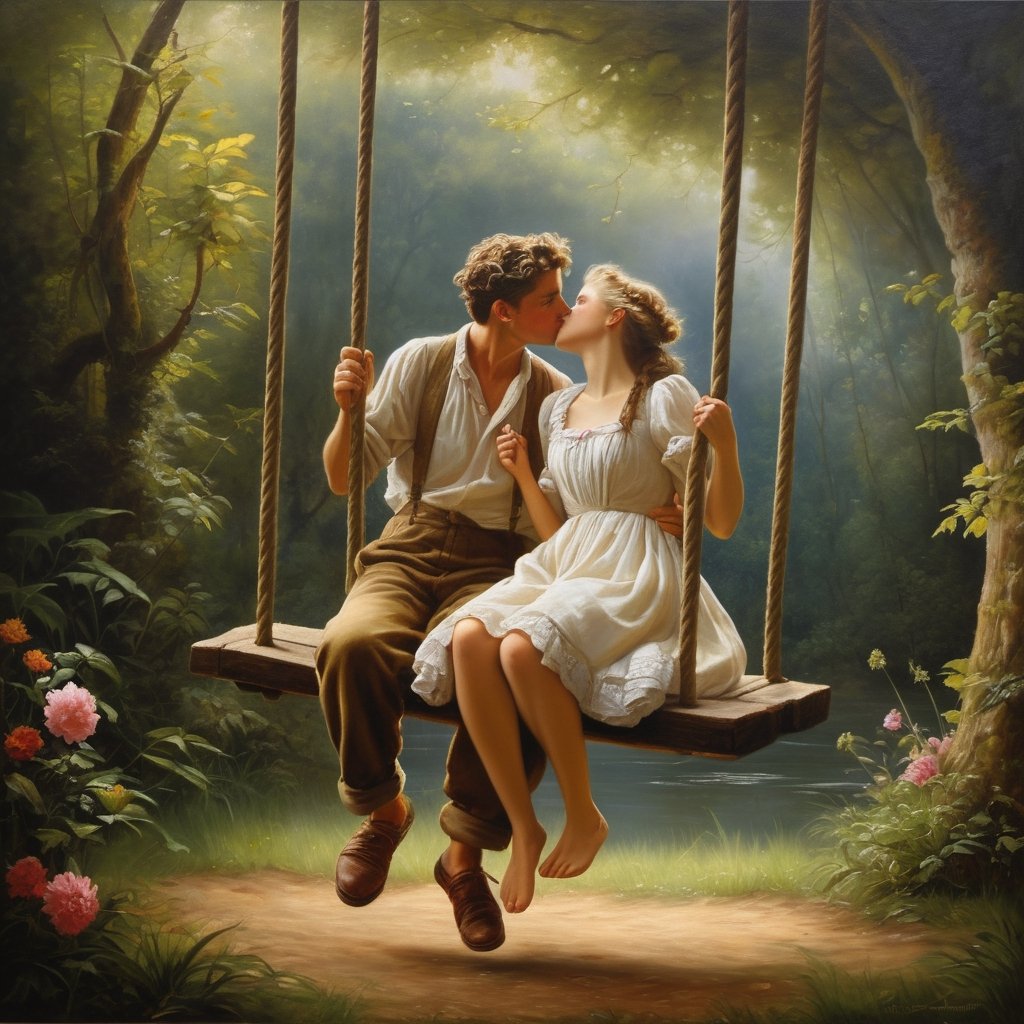 ((Masterpiece), (best quality), (highly detailed)), A hyperrealistic oil painting depicting a charming scene of a man and a woman on a swing. The painting captures the subtle movements and expressions of the subjects, showcasing the talents of the artist. It resembles the style of Pierre Auguste Cot's famous work "Peasant Boy and Girl First Kiss," with intricate attention to detail and a touch of fantasy. The artwork has gained popularity on CG Society and has been admired for its stunning realism. The painting is illuminated with an uplight, enhancing the intricate brushwork and highlighting the captivating colors. 