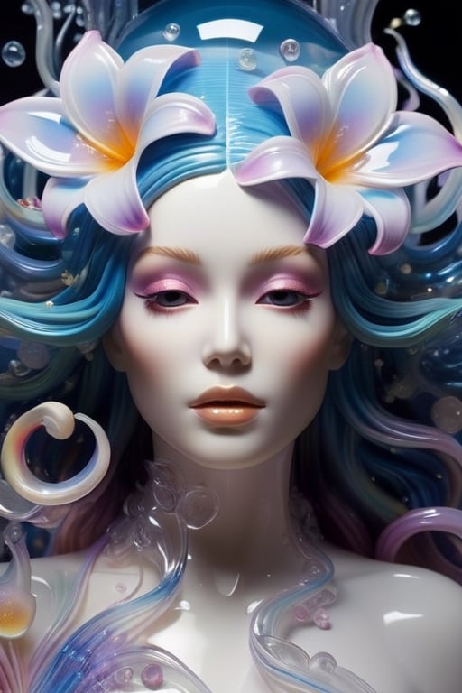 ((masterpiece), (best quality), (highly detailed)), A stunning and ethereal dreamscape showcasing a fully transparent and translucent blown glass sculpture of the head of a woman. This award-winning concept design combines the genius of artists Lisa Frank, Karol Bak, and Kirsty Mitchell. The sculpture is crafted with delicate polycarbonate material, allowing the viewer to admire the visible internals and appreciate the intricate details. The composition is perfect, creating a surreal and mysterious atmosphere, with a touch of fantasy.