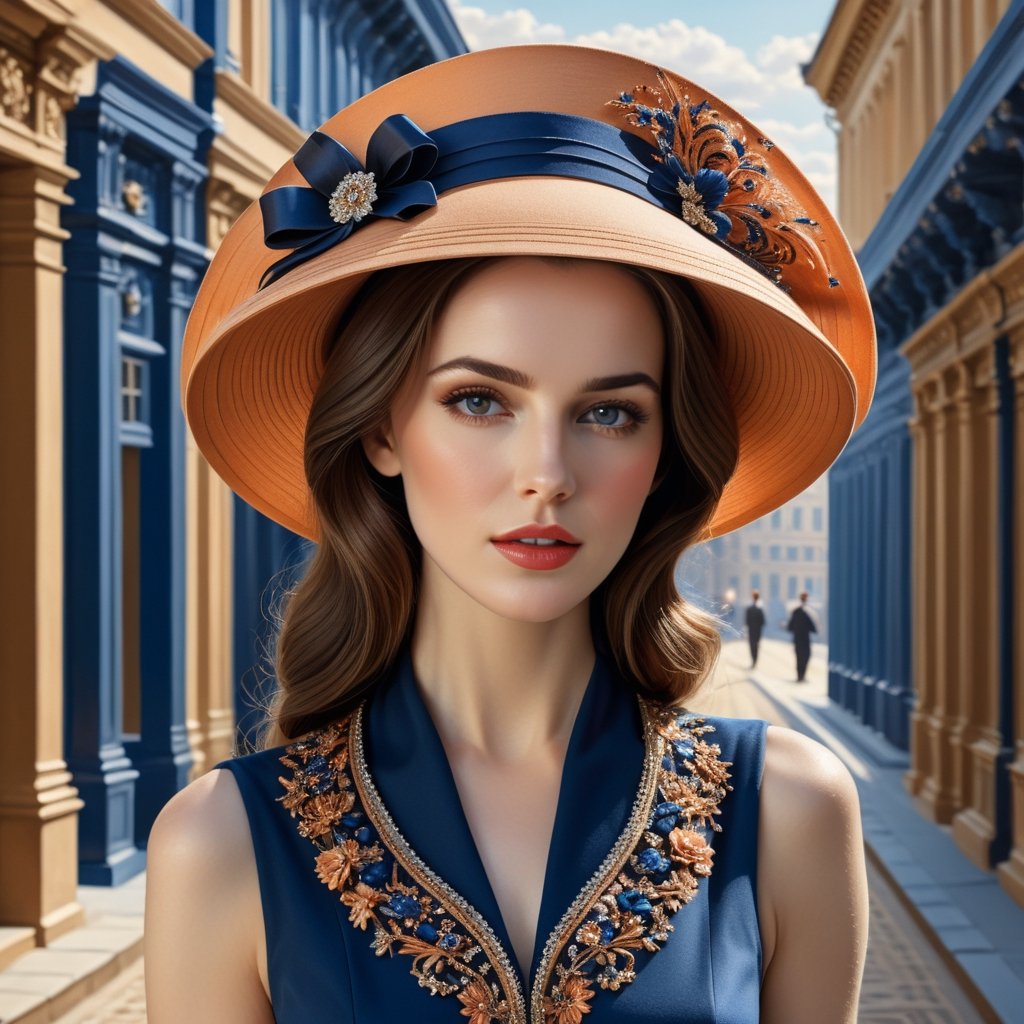 ((masterpiece), (best quality), (highly detailed)), A brunette woman wearing an elegant hat stands gracefully outside a track. The scene is meticulously detailed, with every intricate element captured in the light orange and dark blue color palette. Inspired by the works of Dmitry Vishnevsky and the School of London, the woman's attire features a combination of light brown and black tones, creating a sophisticated and stylish look. The artwork is rendered with multilayered precision, showcasing the finest details even in its 8k resolution. ,detailmaster2