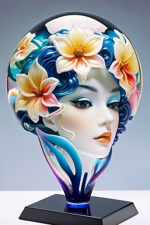 ((masterpiece), (best quality), (highly detailed)), A stunning and ethereal dreamscape showcasing a fully transparent and translucent blown glass sculpture of the head of a woman. This award-winning concept design combines the genius of artists Lisa Frank, Karol Bak, and Kirsty Mitchell. The sculpture is crafted with delicate polycarbonate material, allowing the viewer to admire the visible internals and appreciate the intricate details. The composition is perfect, creating a surreal and mysterious atmosphere, with a touch of fantasy.