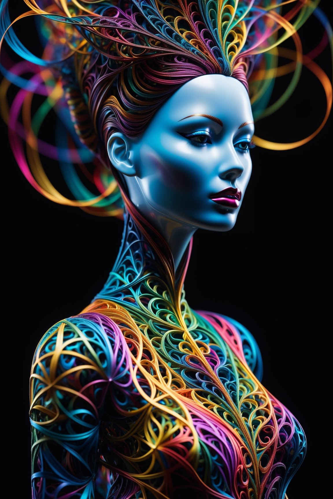 ((Masterpiece), (best quality), (highly detailed)), A mannequin made of multicolored quantum entanglement stands tall in the midst of a fractal mist. The intricate patterns of the entangled particles create a mesmerizing display, capturing the essence of quantum physics. The composition is captured through macropotography against a deep black background, emphasizing the vibrant colors and delicate details of the mannequin.