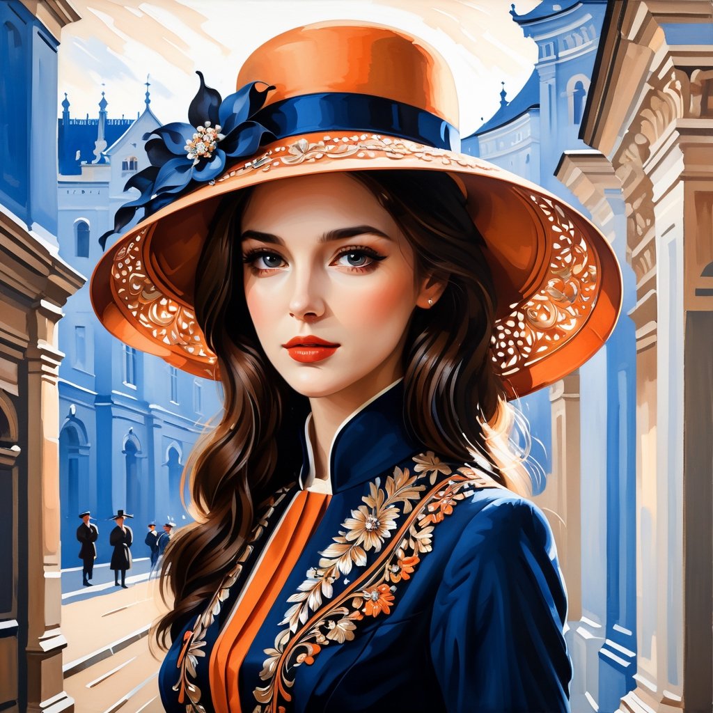 ((masterpiece), (best quality), (highly detailed)), A brunette woman wearing an elegant hat stands gracefully outside a track. The scene is meticulously detailed, with every intricate element captured in the light orange and dark blue color palette. Inspired by the works of Dmitry Vishnevsky and the School of London, the woman's attire features a combination of light brown and black tones, creating a sophisticated and stylish look. The artwork is rendered with multilayered precision, showcasing the finest details even in its 8k resolution. ,detailmaster2