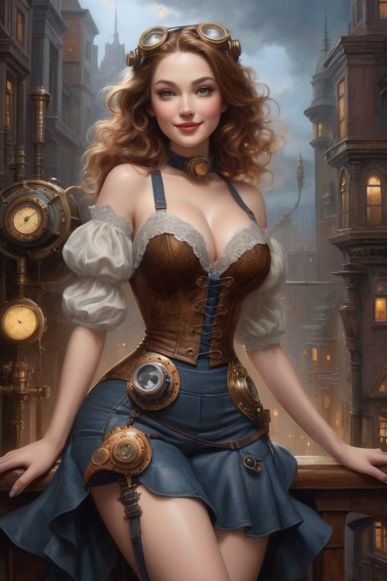 ((Masterpiece), (best quality), (highly detailed)), Create a highly realistic oil painting of a pinup body featuring a single girl in a clockwork steampunk setting. Place her in a steampunk cityscape with a night sky backdrop. Design intricate clothes for her, including a dress with layers, ruffles, lace, and a smile. Emphasize her thicc figure and have her looking directly at the viewer. Utilize 3D rendering techniques such as Octane Render and Unreal Engine to achieve sharp focus and bring out the intricate details. Ensure the final artwork is in HDR, UHD, and 64K resolution. The painting should be trending on Artstation, highly detailed, high resolution, gorgeous, elegant, intricate, alluring, stunning, award-winning, and in sharp focus. Mention inspirations from artists such as Alan Lee (at a ratio of 1), Alex Grey (at a ratio of 0.6), Daniel Gerhartz (at a ratio of 0.9), and Alyssa Monks.