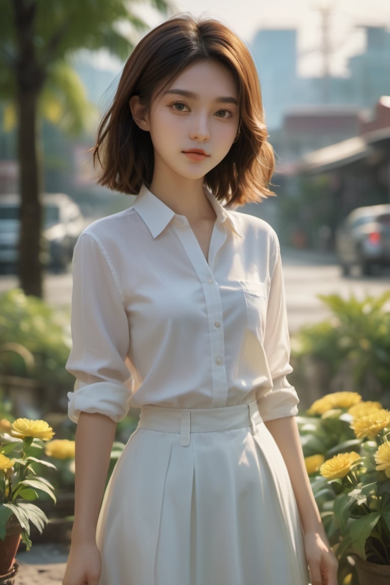 ((Masterpiece), (best quality), (highly detailed)), A realistic and highly detailed photo of a 16-year-old Asian girl with a baby face, small breasts, and big eyes. She has messy hair and is wearing a white collared shirt and a black skirt. She is looking at the viewer with a smile and a blush on her face. The photo has a dramatic lighting effect with ray tracing, giving it a cinematic feel. The background features the scenery of old Taipei city, with no humans in sight. There are various elements in the scene, including ground and motor vehicles, rain, buildings, power lines, windows, signs, water, plants, and utility poles. The photo captures the beauty of the real world location with utmost detail and precision. The resolution of the photo is FHD, 4K, and 8K, ensuring the best quality and ultra-detailed representation. ,dashataran,xxmix_girl