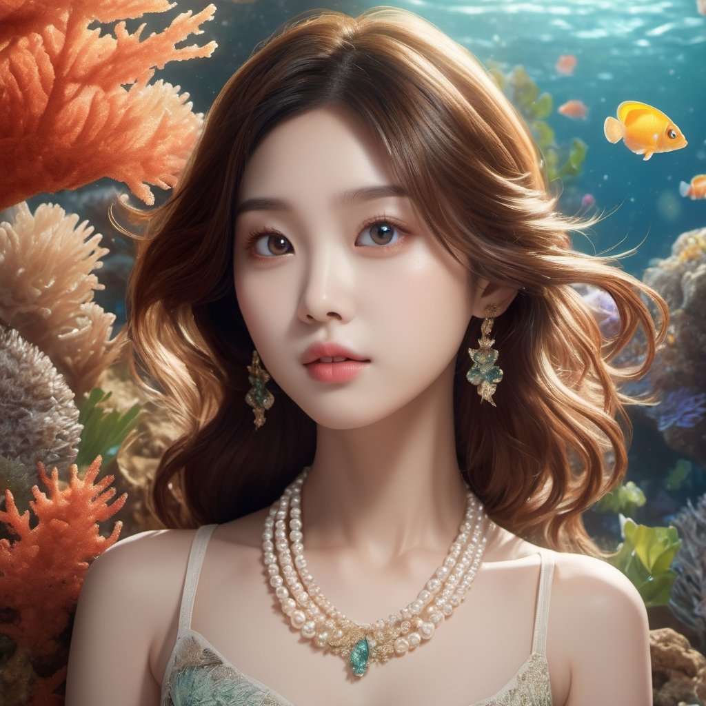 ((masterpiece), (best quality), (highly detailed)), A solo illustration of Miyo, a beautiful and delicate character, with gleaming hair, skin, and clothes. The focus is on her character, captured in a dynamic angle and stylish pose, with strong light coming in and sharp focus. The illustration is rendered in realistic and ultra-detailed 16k resolution, utilizing CGI technology to create a stunning and HD result. Miyo has beautiful and detailed eyes, enhancing her overall appearance. In this artwork, Miyo is depicted in a natural paradise called "The Undersea Garden," where colorful corals and plants create a mesmerizing world. The fish and other animals live in harmonious coexistence. Miyo has wavy hair and is wearing a seashell top, complemented by a pearl necklace. This artwork is an exquisite blend of realism, beauty, and fantasy.