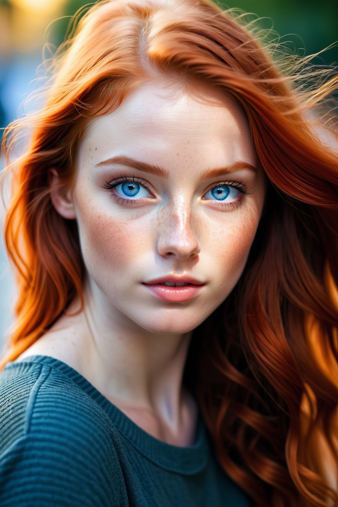 ((Masterpiece), (best quality), (highly detailed)), A young, attractive redhead woman with blue eyes and a few freckles is captured in a mood-filled setting. The photo is taken with a Canon EOS R5 camera using a 50mm lens, set at f/1.4 and ISO 100. The lighting is natural and soft, enhancing the overall atmosphere of the image.