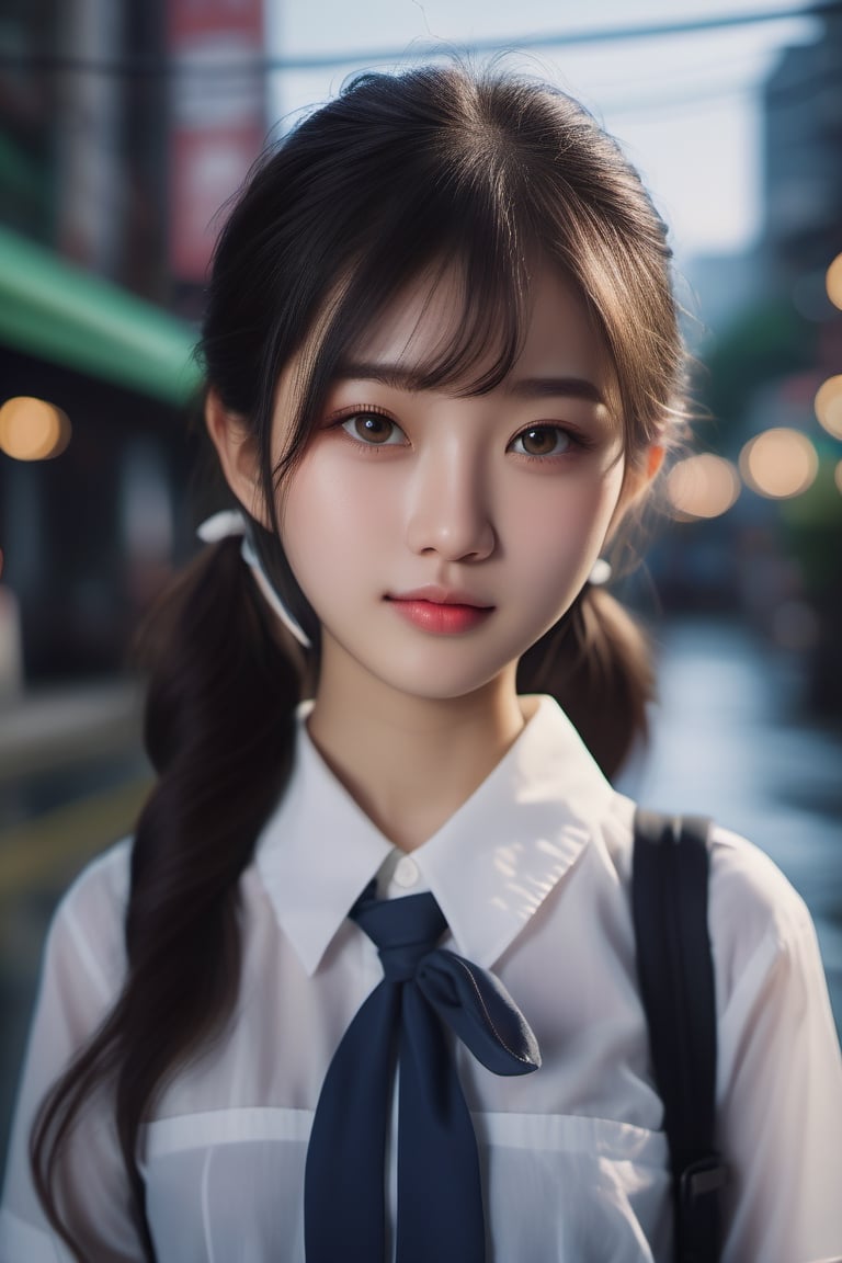 ((Masterpiece), (best quality), (highly detailed)), A realistic and highly detailed photo of a 16-year-old Asian girl with a baby face, small breasts, and big eyes. She has messy hair and is wearing a white collared shirt and a black skirt. She is looking at the viewer with a smile and a blush on her face. The photo has a dramatic lighting effect with ray tracing, giving it a cinematic feel. The background features the scenery of old Taipei city, with no humans in sight. There are various elements in the scene, including ground and motor vehicles, rain, buildings, power lines, windows, signs, water, plants, and utility poles. The photo captures the beauty of the real world location with utmost detail and precision. The resolution of the photo is FHD, 4K, and 8K, ensuring the best quality and ultra-detailed representation. ,dashataran,xxmix_girl,xxmixgirl,LinkGirl,FilmGirl,korean girl,cutegirlmix