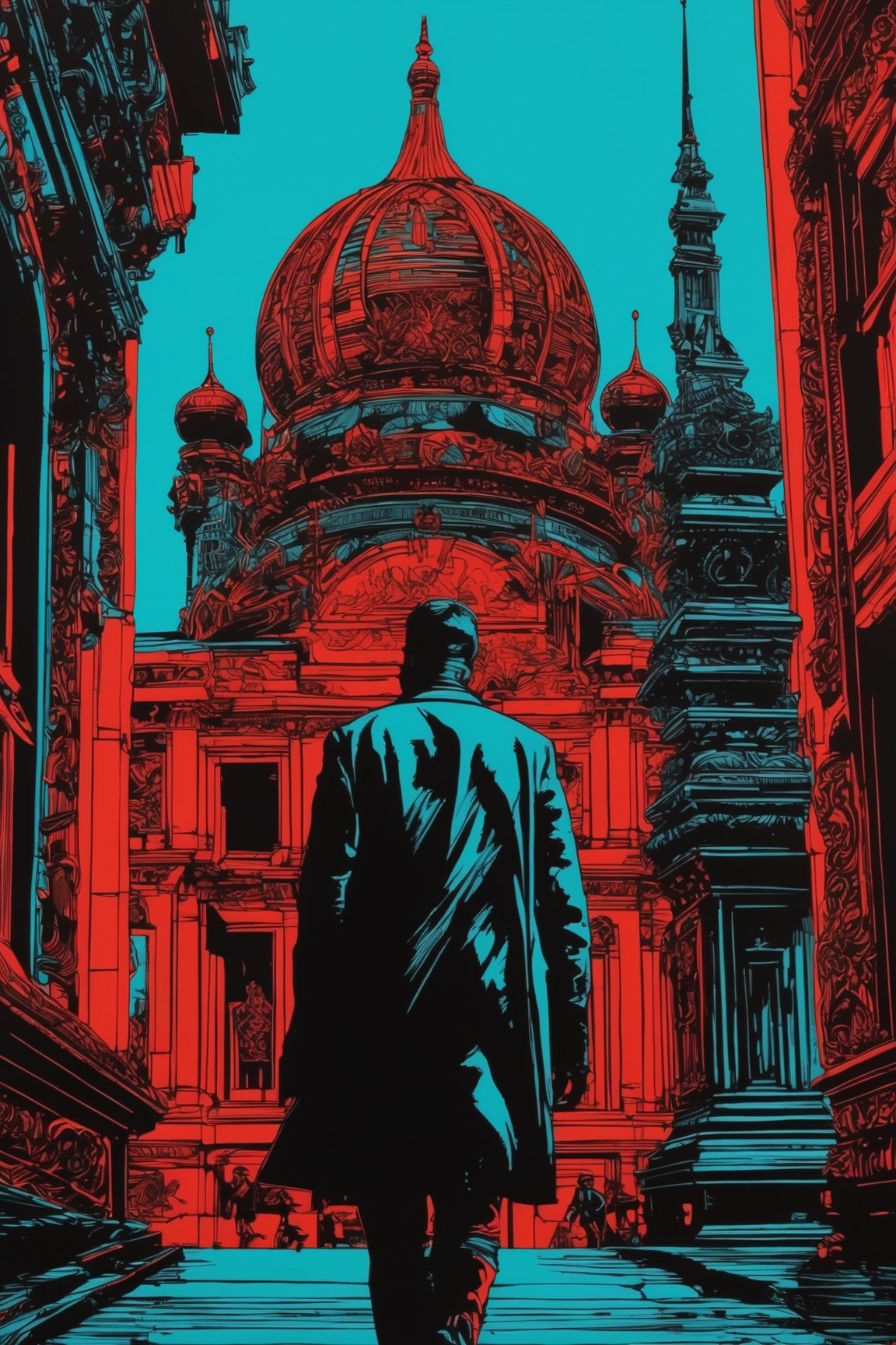 ((masterpiece), (best quality), (highly detailed)), A person with a confident stride walks past a towering building. The scene is rendered in the style of silkscreen, with dark black and red tones creating a striking visual contrast. The person and the building are portrayed with photographically detailed portraitures, capturing every intricate detail. The atmosphere of the scene is enhanced by the use of lithograph technique, with light cyan and black hues adding depth and dimension. The overall aesthetic is reminiscent of manapunk, evoking a sense of futuristic and fantastical elements. This scene would be ideal for a poster, showcasing the elaborate artwork and unique style. 