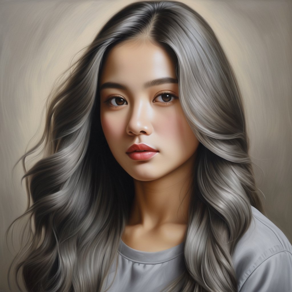 ((masterpiece), (best quality), (highly detailed)), A woman with long hair wearing a gray shirt is the subject of this beautiful painting. The artist has created a realistic and detailed portrayal of a cute girl, showcasing their expertise in 4K digital art. The painting captures the essence of the woman's features, bringing them to life with stunning realism. The use of oil adds to the beauty and richness of the portrait, making it a magnificent and visually captivating piece. This realistic and detailed oil painting is truly a work of art. 