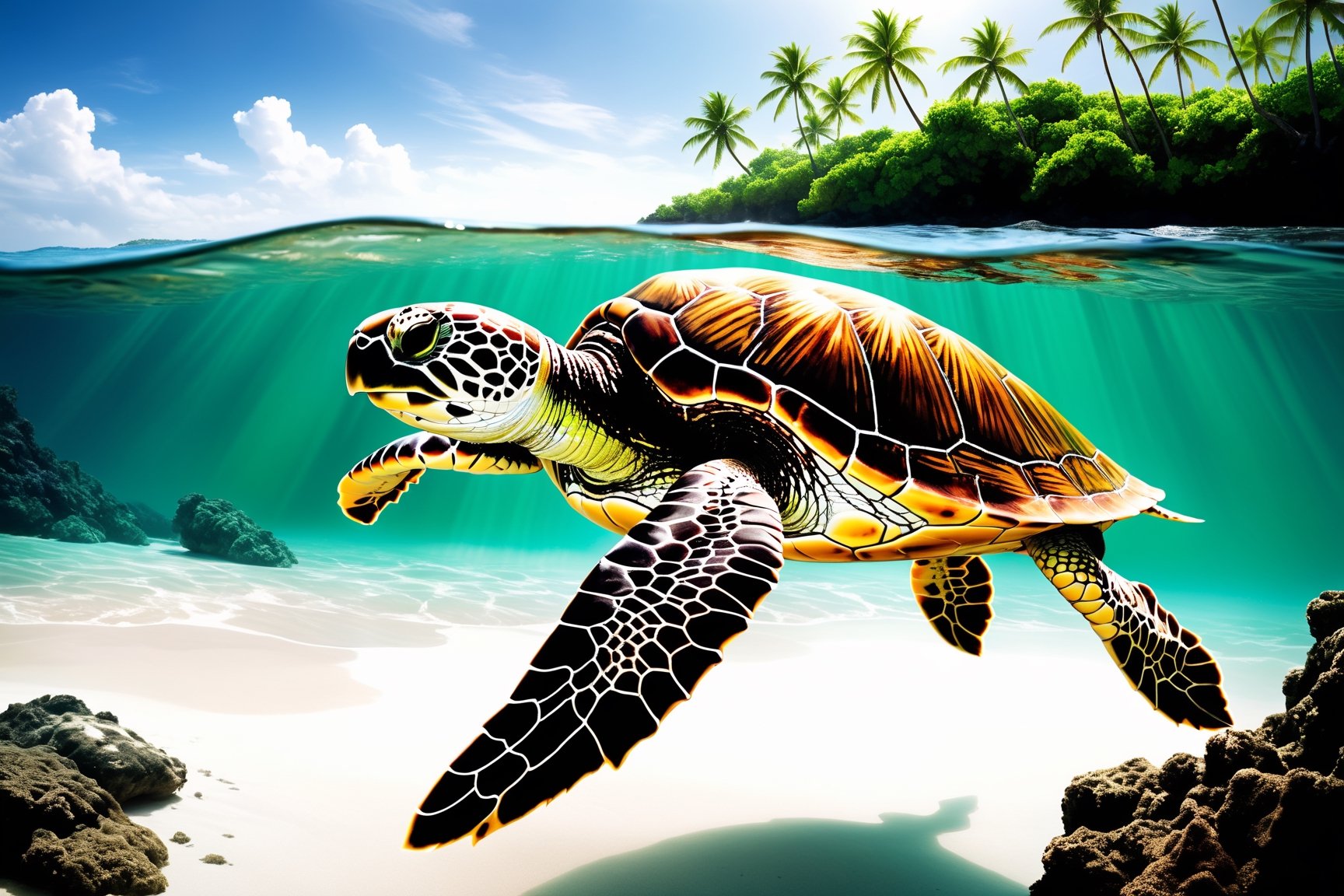 ((masterpiece), (best quality), (highly detailed)), Create a breathtaking ink painting on white paper featuring a mesmerizing scene. Begin with a voluminous and shaded silhouette of a graceful sea turtle as the focal point. Its body should exhibit a magnificent, transparent green hue, seamlessly blending into the surroundings. The surroundings should depict a tropical island, exuding a sense of enchantment and intrigue. The final artwork should embody a fantastic, dark fantasy, cinematic style, reminiscent of a captivating photograph.