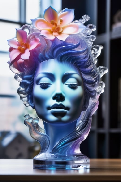 ((masterpiece), (best quality), (highly detailed)), A stunning and ethereal dreamscape showcasing a fully transparent and translucent blown glass sculpture of the head of a woman. This award-winning concept design combines the genius of artists Lisa Frank, Karol Bak, and Kirsty Mitchell. The sculpture is crafted with delicate polycarbonate material, allowing the viewer to admire the visible internals and appreciate the intricate details. The composition is perfect, creating a surreal and mysterious atmosphere, with a touch of fantasy.