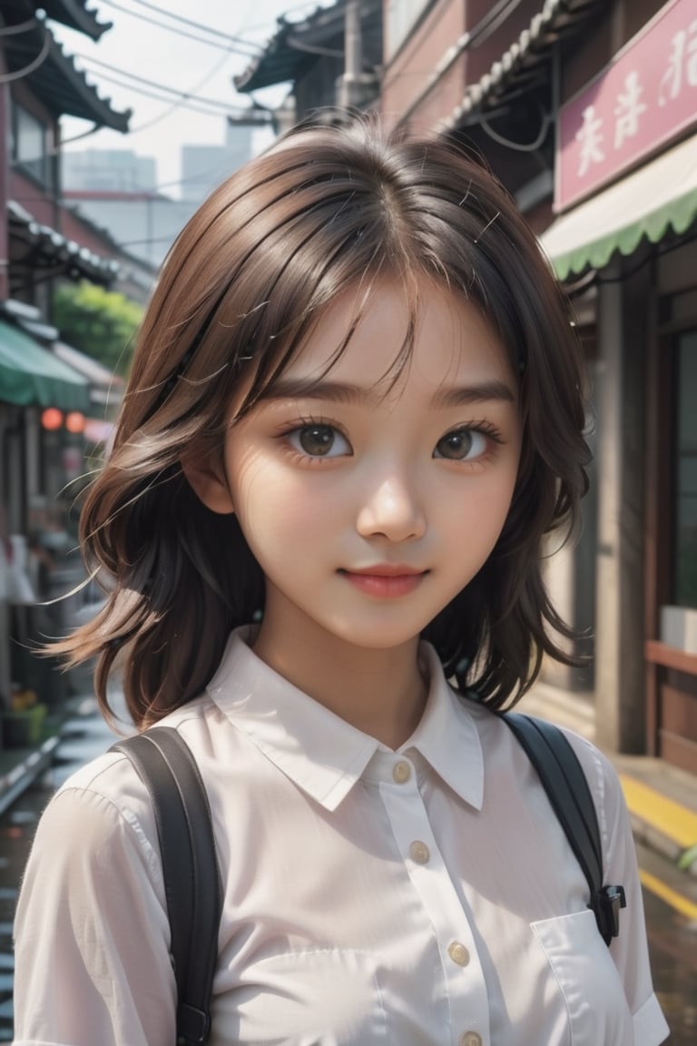 ((Masterpiece), (best quality), (highly detailed)), A realistic and highly detailed photo of a 16-year-old Asian girl with a baby face, small breasts, and big eyes. She has messy hair and is wearing a white collared shirt and a black skirt. She is looking at the viewer with a smile and a blush on her face. The photo has a dramatic lighting effect with ray tracing, giving it a cinematic feel. The background features the scenery of old Taipei city, with no humans in sight. There are various elements in the scene, including ground and motor vehicles, rain, buildings, power lines, windows, signs, water, plants, and utility poles. The photo captures the beauty of the real world location with utmost detail and precision. The resolution of the photo is FHD, 4K, and 8K, ensuring the best quality and ultra-detailed representation. ,dashataran,xxmix_girl,xxmixgirl,LinkGirl