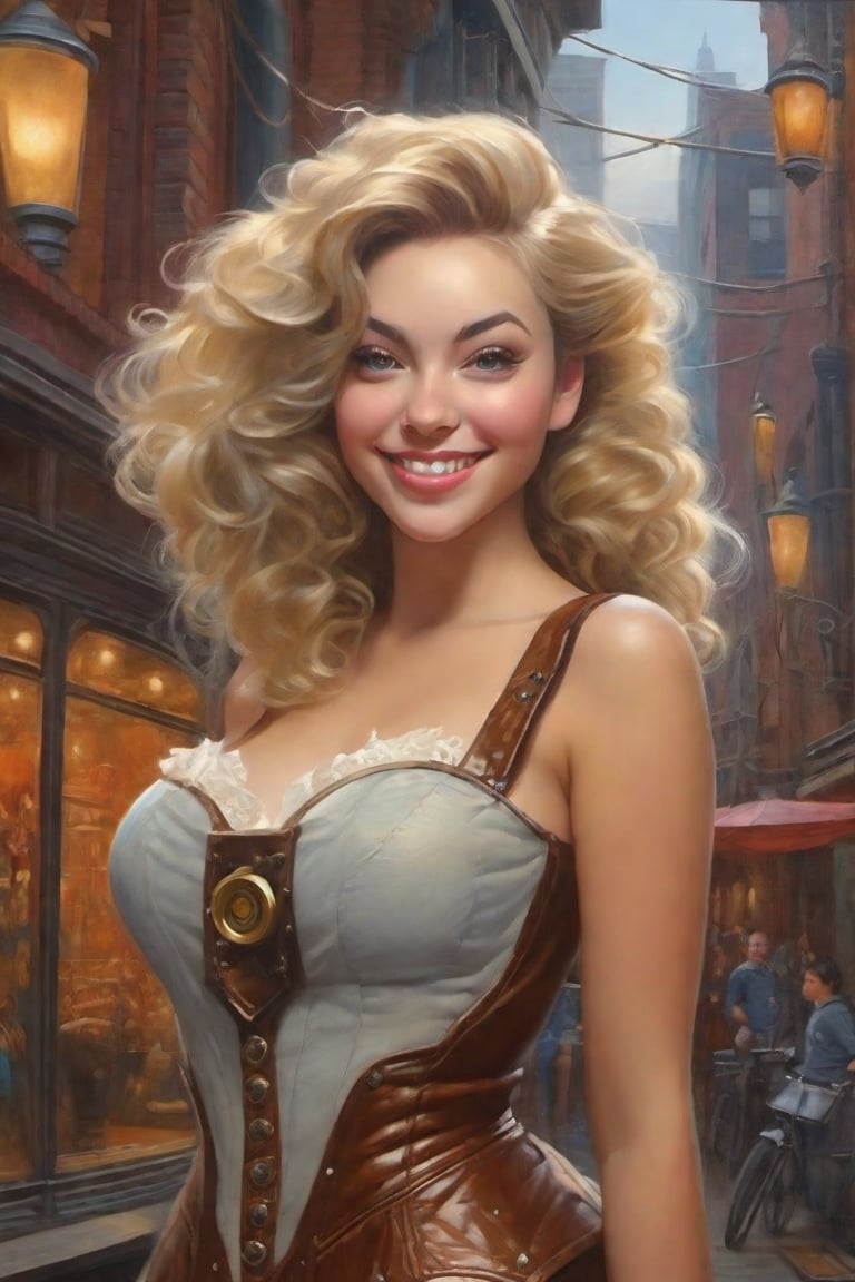 ((Masterpiece), (best quality), (highly detailed)), Create a highly realistic oil painting of a pinup body featuring a single girl in a clockwork steampunk setting. Place her in a steampunk cityscape with a night sky backdrop. Design intricate clothes for her, including a dress with layers, ruffles, lace, and a smile. Emphasize her thicc figure and have her looking directly at the viewer. Utilize 3D rendering techniques such as Octane Render and Unreal Engine to achieve sharp focus and bring out the intricate details. Ensure the final artwork is in HDR, UHD, and 64K resolution. The painting should be trending on Artstation, highly detailed, high resolution, gorgeous, elegant, intricate, alluring, stunning, award-winning, and in sharp focus. Mention inspirations from artists such as Alan Lee (at a ratio of 1), Alex Grey (at a ratio of 0.6), Daniel Gerhartz (at a ratio of 0.9), and Alyssa Monks.