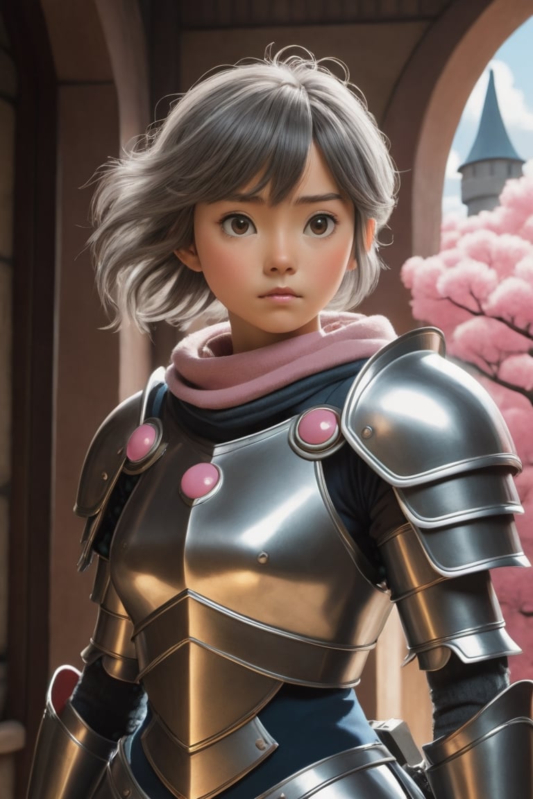 ((Masterpiece), (best quality), (highly detailed)), In a close range, action-packed scene captured in slow motion, a female warrior 1girl wearing full body leather armor strikes an intense pose. The armor has a cloak-style design, accompanied by a pink theme that accentuates its visual appeal. The artwork showcases insane levels of detail, incorporating a bloom effect for a visually stunning outcome. The analog aesthetics add a touch of authenticity to the composition, further enhanced by high sharpness and intricate details in the character's pupils. The overall style leans towards an anime aesthetic, resembling anime paintings, and is crafted with meticulous attention to detail. The artwork is rendered in 8K resolution, offering photorealistic visuals. The character features long, grey, and messy hair, exuding an ecstatic vibe, while maintaining sharp and realistic elements. Real shadows and 3D rendering techniques are employed to ensure the highest quality outcome. The concept art maintains a resolution of 4K, while incorporating The Castle of Shadows as the background. The background itself is highly detailed, serving as a captivating setting for the character. Drawing inspiration from the mksks style and the esteemed works of Studio Ghibli, Hayao Miyazaki, Akira, and Katsuhiro Otomo.