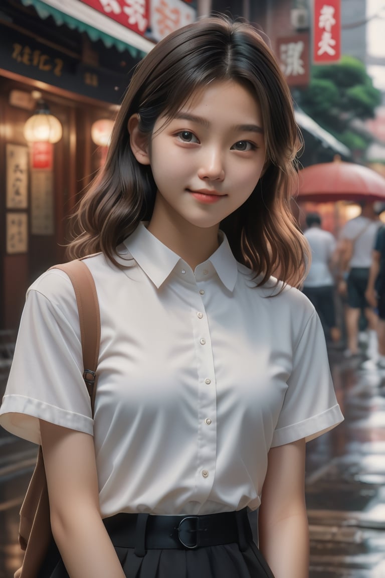 ((Masterpiece), (best quality), (highly detailed)), A realistic and highly detailed photo of a 16-year-old Asian girl with a baby face, small breasts, and big eyes. She has messy hair and is wearing a white collared shirt and a black skirt. She is looking at the viewer with a smile and a blush on her face. The photo has a dramatic lighting effect with ray tracing, giving it a cinematic feel. The background features the scenery of old Taipei city, with no humans in sight. There are various elements in the scene, including ground and motor vehicles, rain, buildings, power lines, windows, signs, water, plants, and utility poles. The photo captures the beauty of the real world location with utmost detail and precision. The resolution of the photo is FHD, 4K, and 8K, ensuring the best quality and ultra-detailed representation. ,dashataran,xxmix_girl,xxmixgirl