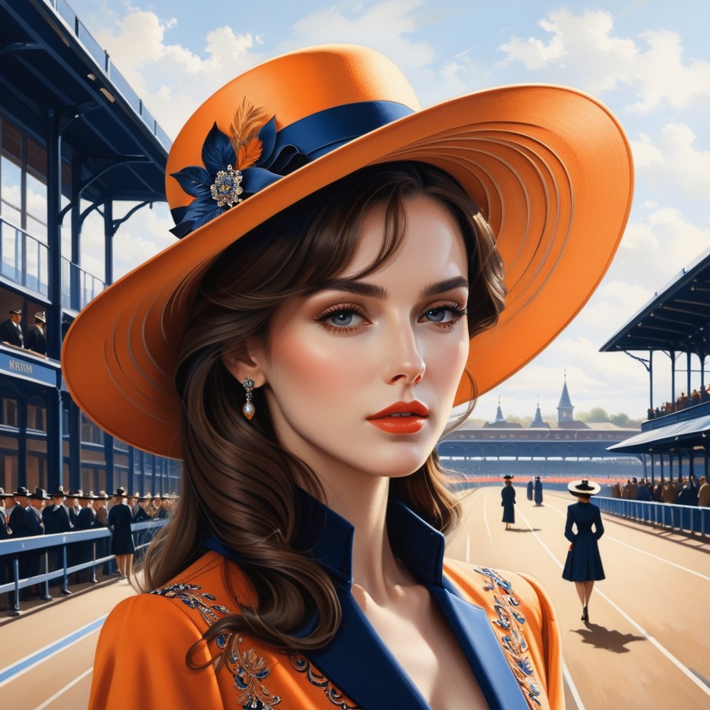 ((masterpiece), (best quality), (highly detailed)), A brunette woman wearing an elegant hat stands gracefully outside a track. The scene is meticulously detailed, with every intricate element captured in the light orange and dark blue color palette. Inspired by the works of Dmitry Vishnevsky and the School of London, the woman's attire features a combination of light brown and black tones, creating a sophisticated and stylish look. The artwork is rendered with multilayered precision, showcasing the finest details even in its 8k resolution. 