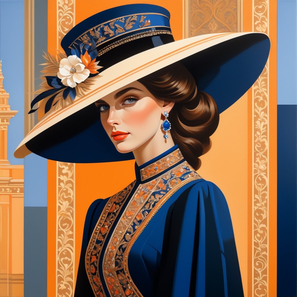 ((masterpiece), (best quality), (highly detailed)), A brunette woman wearing an elegant hat stands gracefully outside a track. The scene is meticulously detailed, with every intricate element captured in the light orange and dark blue color palette. Inspired by the works of Dmitry Vishnevsky and the School of London, the woman's attire features a combination of light brown and black tones, creating a sophisticated and stylish look. The artwork is rendered with multilayered precision, showcasing the finest details even in its 8k resolution. ,detailmaster2