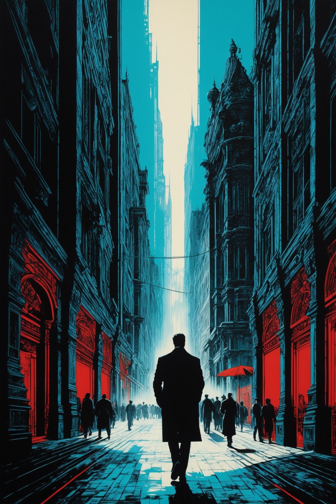 ((masterpiece), (best quality), (highly detailed)), A person with a confident stride walks past a towering building. The scene is rendered in the style of silkscreen, with dark black and red tones creating a striking visual contrast. The person and the building are portrayed with photographically detailed portraitures, capturing every intricate detail. The atmosphere of the scene is enhanced by the use of lithograph technique, with light cyan and black hues adding depth and dimension. The overall aesthetic is reminiscent of manapunk, evoking a sense of futuristic and fantastical elements. This scene would be ideal for a poster, showcasing the elaborate artwork and unique style. 