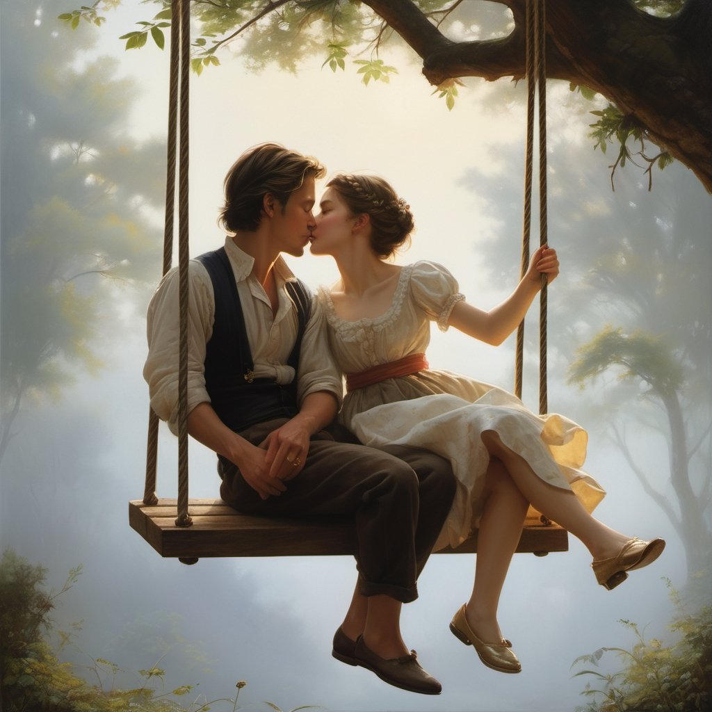 ((Masterpiece), (best quality), (highly detailed)), A hyperrealistic oil painting depicting a charming scene of a man and a woman on a swing. The painting captures the subtle movements and expressions of the subjects, showcasing the talents of the artist. It resembles the style of Pierre Auguste Cot's famous work "Peasant Boy and Girl First Kiss," with intricate attention to detail and a touch of fantasy. The artwork has gained popularity on CG Society and has been admired for its stunning realism. The painting is illuminated with an uplight, enhancing the intricate brushwork and highlighting the captivating colors. 