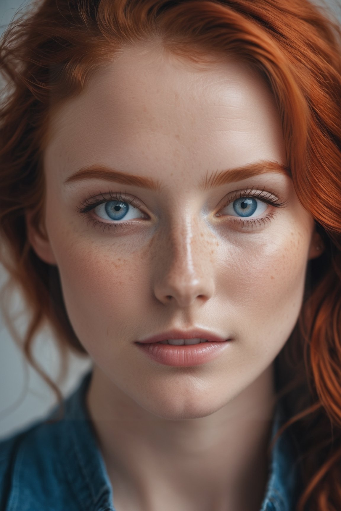 ((Masterpiece), (best quality), (highly detailed)), A young, attractive redhead woman with blue eyes and a few freckles is captured in a mood-filled setting. The photo is taken with a Canon EOS R5 camera using a 50mm lens, set at f/1.4 and ISO 100. The lighting is natural and soft, enhancing the overall atmosphere of the image.