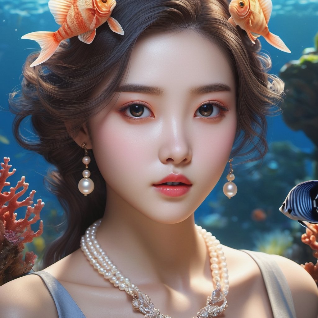 ((masterpiece), (best quality), (highly detailed)), A solo illustration of Miyo, a beautiful and delicate character, with gleaming hair, skin, and clothes. The focus is on her character, captured in a dynamic angle and stylish pose, with strong light coming in and sharp focus. The illustration is rendered in realistic and ultra-detailed 16k resolution, utilizing CGI technology to create a stunning and HD result. Miyo has beautiful and detailed eyes, enhancing her overall appearance. In this artwork, Miyo is depicted in a natural paradise called "The Undersea Garden," where colorful corals and plants create a mesmerizing world. The fish and other animals live in harmonious coexistence. Miyo has wavy hair and is wearing a seashell top, complemented by a pearl necklace. This artwork is an exquisite blend of realism, beauty, and fantasy.