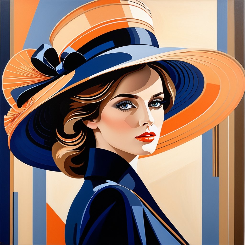 ((masterpiece), (best quality), (highly detailed)), A brunette woman wearing an elegant hat stands gracefully outside a track. The scene is meticulously detailed, with every intricate element captured in the light orange and dark blue color palette. Inspired by the works of Dmitry Vishnevsky and the School of London, the woman's attire features a combination of light brown and black tones, creating a sophisticated and stylish look. The artwork is rendered with multilayered precision, showcasing the finest details even in its 8k resolution. ,detailmaster2