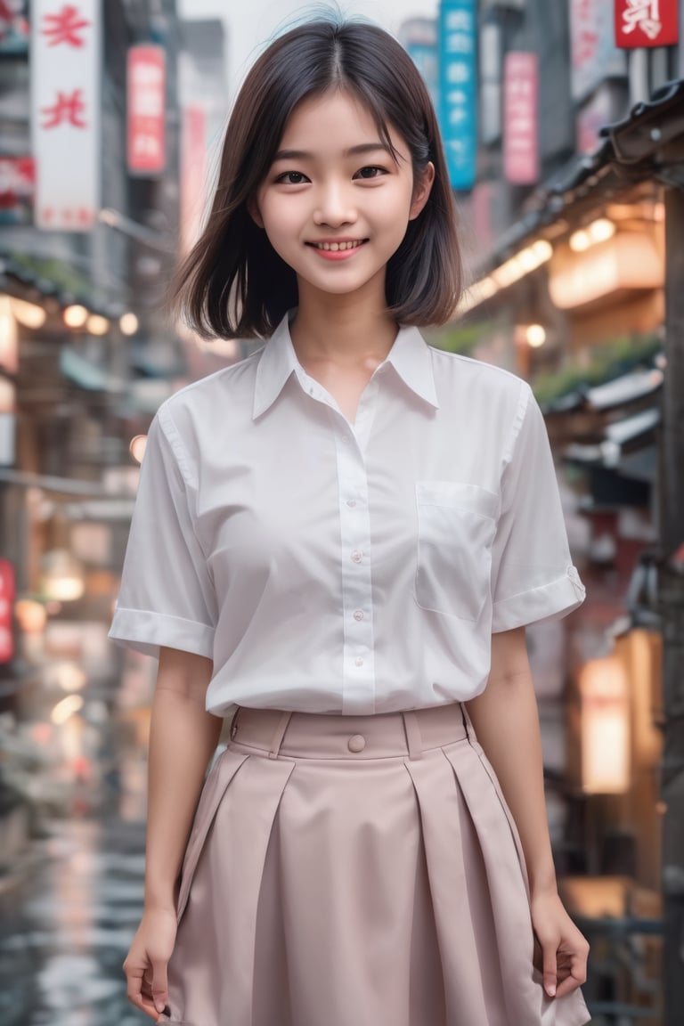 ((Masterpiece), (best quality), (highly detailed)), A realistic and highly detailed photo of a 16-year-old Asian girl with a baby face, small breasts, and big eyes. She has messy hair and is wearing a white collared shirt and a black skirt. She is looking at the viewer with a smile and a blush on her face. The photo has a dramatic lighting effect with ray tracing, giving it a cinematic feel. The background features the scenery of old Taipei city, with no humans in sight. There are various elements in the scene, including ground and motor vehicles, rain, buildings, power lines, windows, signs, water, plants, and utility poles. The photo captures the beauty of the real world location with utmost detail and precision. The resolution of the photo is FHD, 4K, and 8K, ensuring the best quality and ultra-detailed representation. ,dashataran,xxmix_girl,xxmixgirl,LinkGirl,FilmGirl,korean girl